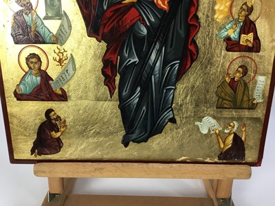 Lot 106 - Icon style oil on panel depicting The Madonna and Child and Dan saints, 40cm x 31cm