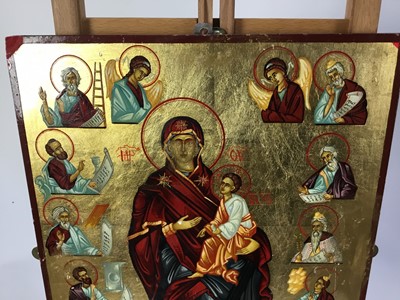 Lot 106 - Icon style oil on panel depicting The Madonna and Child and Dan saints, 40cm x 31cm