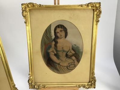 Lot 146 - Mid 19th century oil on canvas in gilt frame- portrait of a lady, together with a pair of mid 19th century hand coloured engravings in original glazed gilt frames - portraits