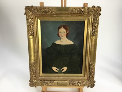 Lot 146 - Mid 19th century oil on canvas in gilt frame- portrait of a lady, together with a pair of mid 19th century hand coloured engravings in original glazed gilt frames - portraits