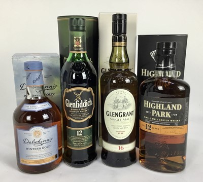 Lot 59 - Whisky - four bottles, Glen Grant 16 years old, Glenfiddich 12 years old, Dalwhinnie Winters Gold and Highland Park 12 years old, each boxed