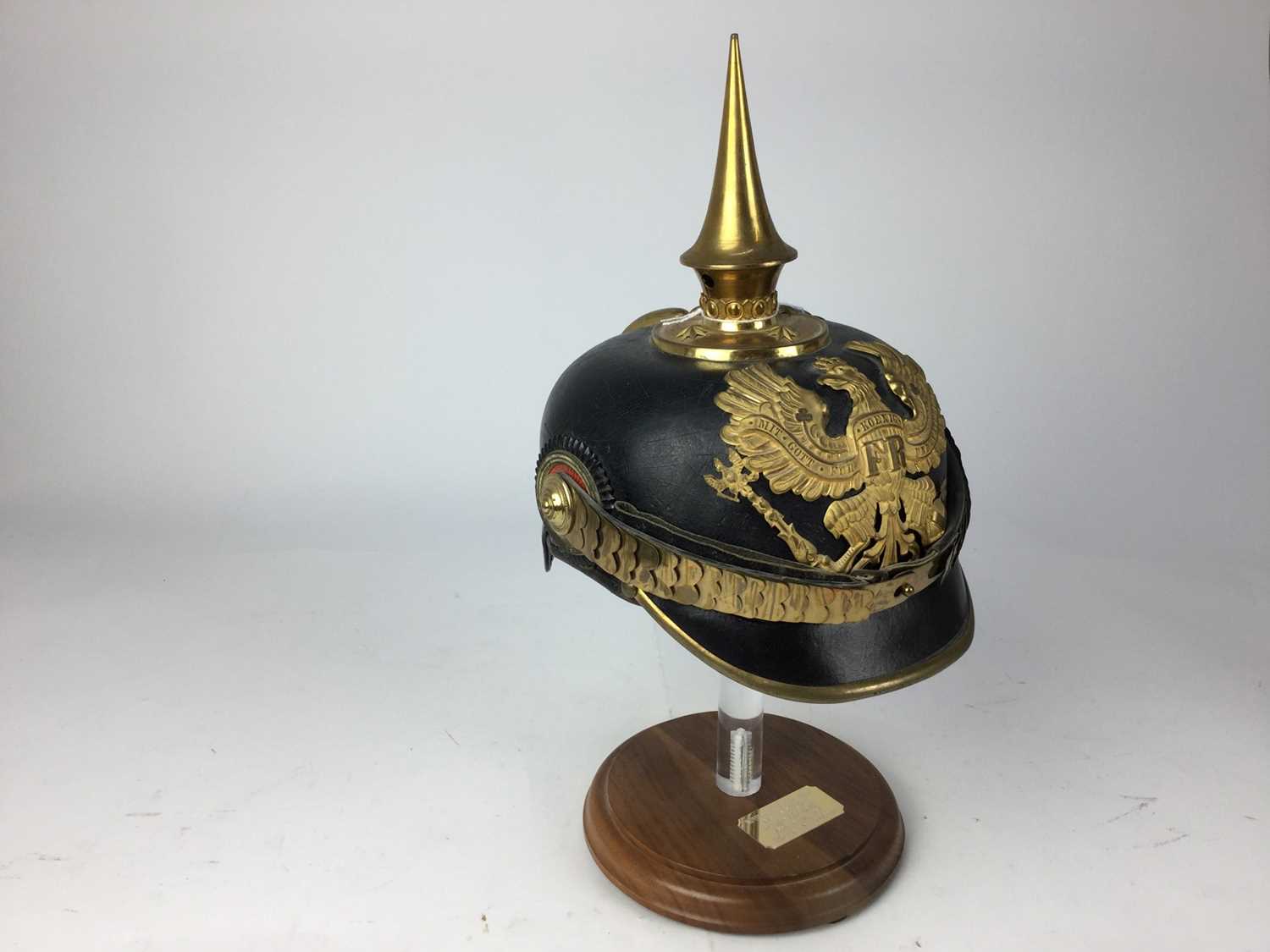 Lot 729 - First World War Imperial German Prussian Officer’s Picklehaube with gilt metal fittings, Prussian eagle plate to front and spike with circular base, brown leather head band and cotton lining to int...