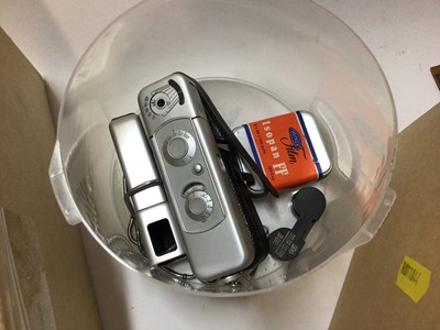 Lot 2365 - Group of cameras and accessories, including a Mamiya Super 16, Minox, Kodak Autographic, light meters, flash bulbs, etc