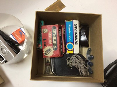 Lot 2365 - Group of cameras and accessories, including a Mamiya Super 16, Minox, Kodak Autographic, light meters, flash bulbs, etc