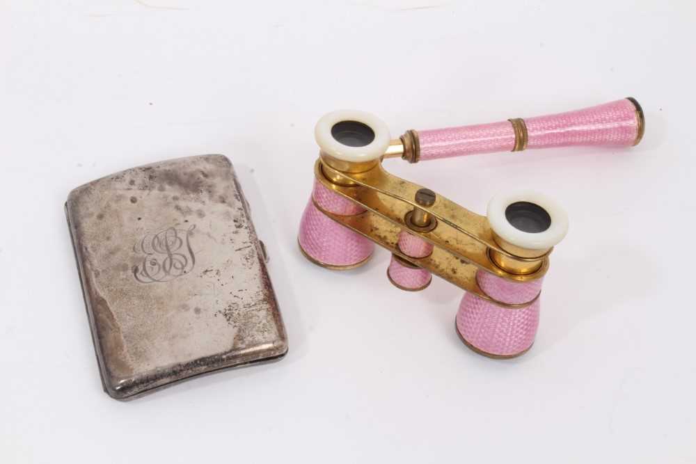 Lot 94 - Silver cigarette case and pair of German pink guilloch enamel opera glasses