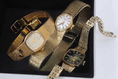 Lot 95 - Two 9ct gold gem set dress rings, pair gem set half hoop earrings and six various wristwatches