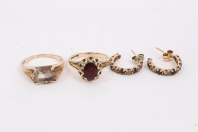 Lot 95 - Two 9ct gold gem set dress rings, pair gem set half hoop earrings and six various wristwatches