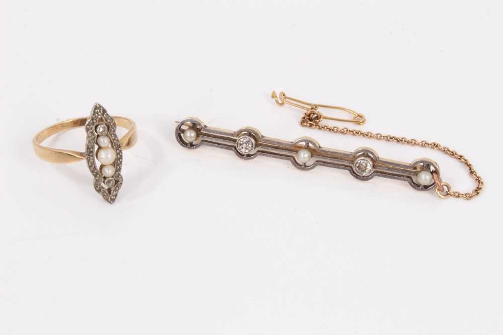 Lot 105 - Antique old cut diamond and seed pearl bar brooch and similar ring