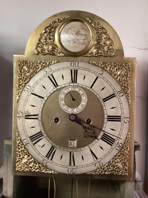 Lot 674 - 18th century longcase clock by Thomas Moore Ipswich in faux tortoiseshell and chinoiserie decorated case.