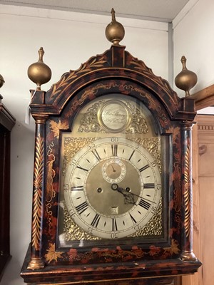 Lot 674 - 18th century longcase clock by Thomas Moore Ipswich in faux tortoiseshell and chinoiserie decorated case.