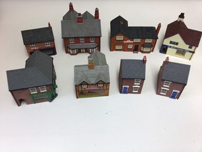 Lot 1887 - Selection of constructed Hornby model buildings plus cardboard houses, churches and other buildings (2 boxes)