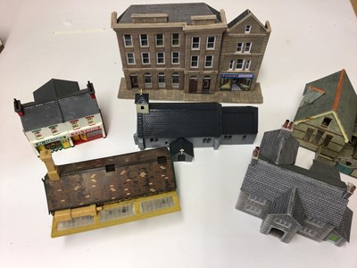 Lot 1887 - Selection of constructed Hornby model buildings plus cardboard houses, churches and other buildings (2 boxes)