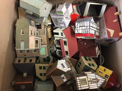 Lot 1887 - Selection of constructed Hornby model buildings plus cardboard houses, churches and other buildings (2 boxes)