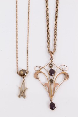 Lot 111 - Edwardian 9ct rose gold open work pendant on 9ct gold chain and one other 9ct gold pendant necklace