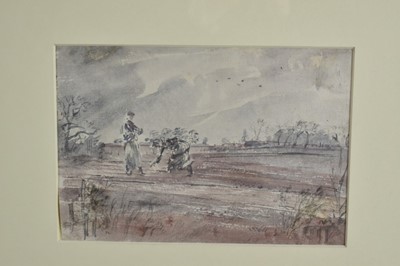 Lot 1170 - Thomas Hennell (1903-1945), watercolour, Field Workers in Winter, 19.5cm x 28cm, in glazed frame