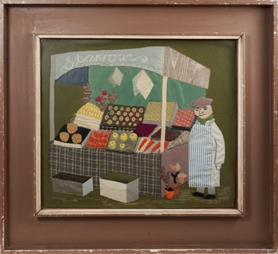 Lot 825 - M. E. Ward - fabric collage, Mr Sparrow's Market Stall, Ex Collection Nottingham Education Committee