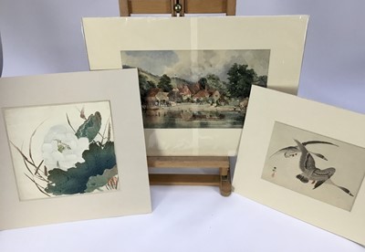 Lot 271 - E J Lowther, watercolour - The Swan at Streatley on Thames, signed and dated 1891, together with two Japanese prints, all mounted