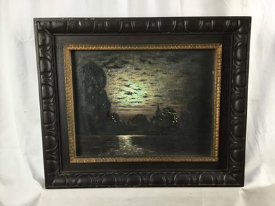 Lot 130 - Manner of Louis Douzette (1834-1924) oil on board in glazed oak frame - moonlit river scene, bearing signature, 28cm x 36cm