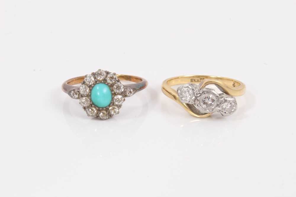 Lot 121 - Victorian 18ct gold turquoise and diamond oval cluster ring and 18ct gold diamond three stone cross over ring