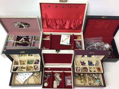 Lot 252 - Quantity of costume jewellery, silver, earrings, paste set brooches, necklaces etc all in various jewellery boxes