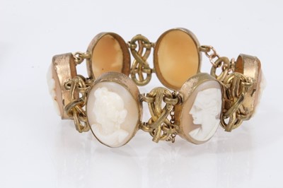 Lot 488 - Group of cameo jewellery to include three gold mounted brooches, earrings and an antique cameo bracelet in gilt metal mounts