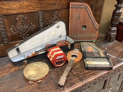 Lot 2270 - Students violin, two zithers, tambourine and other instruments