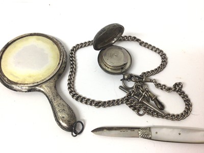 Lot 132 - Two white metal mesh purses, silver sovereign case on silver watch chain, silver propelling pencils, silver cheroot holder, silver and mother of pearl fruit knife, miniature silver mirror and other...