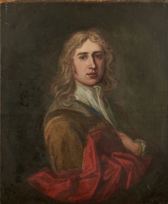 Lot 1062 - English school, 18th century, oil on canvas, half length portrait of a gentleman, inscribed to label verso 'Abraham Coope 1747', 76cm x 64cm