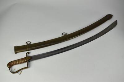 Lot 910 - Unusual Georgian 1796 Pattern Yeomanry cavalry sabre by Woolley and Deakin ,Birmingham with brass stirrup hilt and brass scabbard, engraved on langet and at chape 'ELCN', with curved fullered blade...