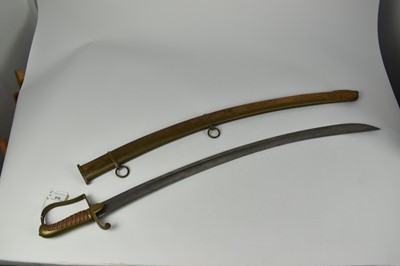 Lot 910 - Unusual Georgian 1796 Pattern Yeomanry cavalry sabre by Woolley and Deakin ,Birmingham with brass stirrup hilt and brass scabbard, engraved on langet and at chape 'ELCN', with curved fullered blade...