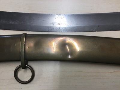 Lot 910 - Unusual Georgian 1796 Pattern Yeomanry cavalry sabre by Woolley and Deakin ,Birmingham with brass stirrup hilt and brass scabbard, engraved on langet and at chape 'ELCN', with curved fullered blade...