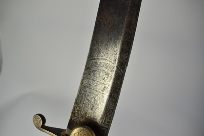 Lot 911 - Rare George III Officers sword of the West York Militia by Osborne & Gunby with brass stirrup hilt with eagles head pommel, wire bound leather grip, curved fullered blade etched along most of its l...