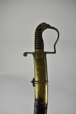 Lot 911 - Rare George III Officers sword of the West York Militia by Osborne & Gunby with brass stirrup hilt with eagles head pommel, wire bound leather grip, curved fullered blade etched along most of its l...