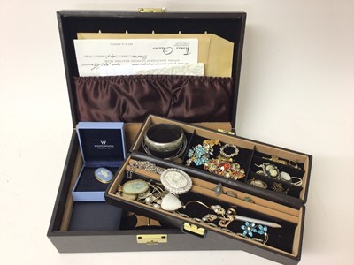 Lot 273 - Jewellery box containing 1950s silver bangle, Victorian style large oval silver locket on chain, Wedgwood Jasperware brooch in box and other vintage costume jewellery