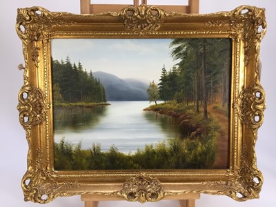 Lot 145 - Oil on panel - Alpine landscape with lake, 38.5cm x 28.5cm, in gilt frame (51cm x 41cm overall)
