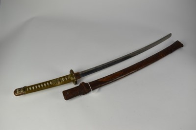 Lot 916 - Good quality Second World War Japanese Officers Katana sword with regulation mounts with silver Mon badge to pommel, signed tang with leather cover to lacquered wood scabbard , with modern engraved...