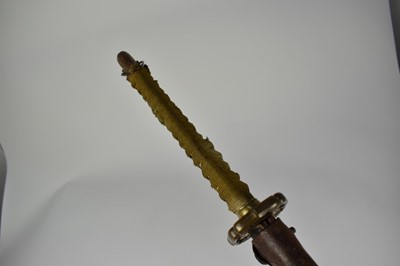 Lot 916 - Good quality Second World War Japanese Officers Katana sword with regulation mounts with silver Mon badge to pommel, signed tang with leather cover to lacquered wood scabbard , with modern engraved...