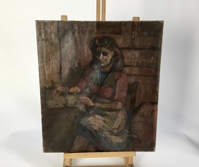 Lot 89 - Modern British oil on canvas - seated woman, 41cm x 46cm unframed