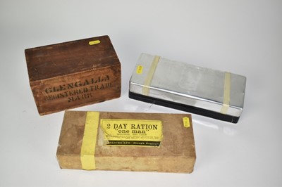 Lot 638 - RAF Stores Emergency Rations Mark 5, together with Horlicks 2 Day Ration 'one man' in box and Ceylon tea ration in wooden box, all unused (3)