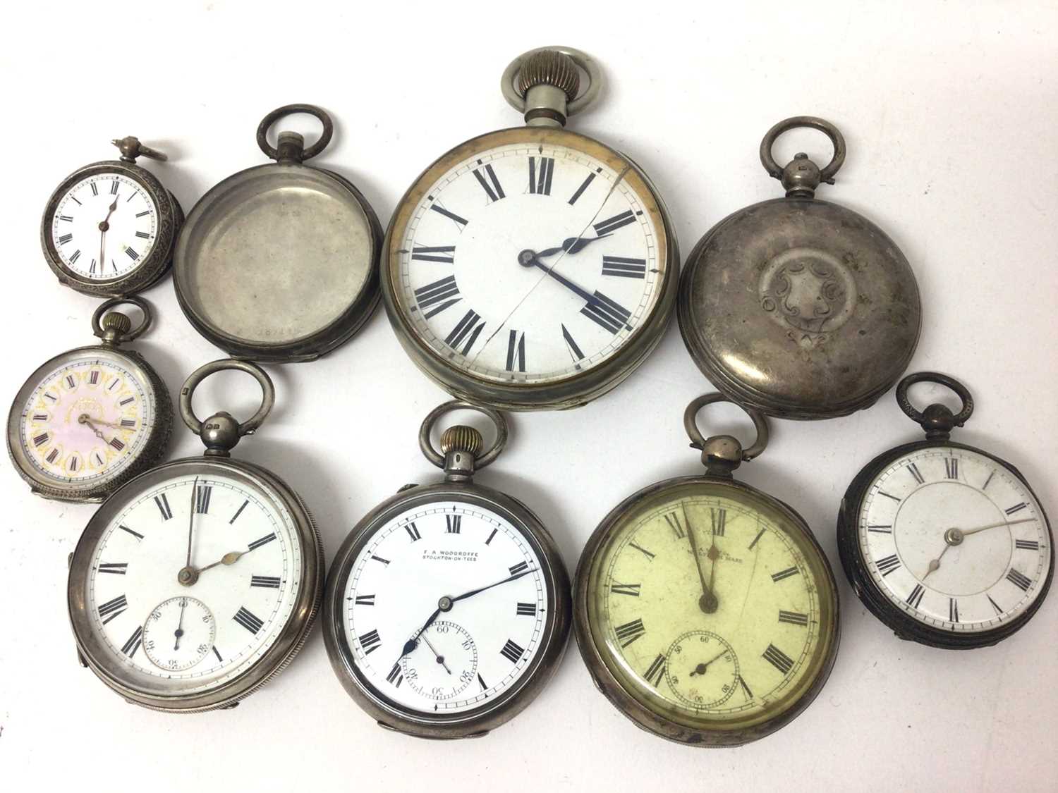 Lot 183 - Group of silver pocket watches, fob watches and a stainless steel Goliath pocket watch (9)