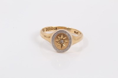 Lot 186 - 18ct gold diamond signet ring with a gypsy set single stone diamond with platinum border