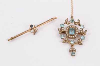 Lot 187 - Edwardian 9ct gold blue stone and seed pearl brooch/pendant and 9ct gold sapphire and seed pearl bar brooch (2)