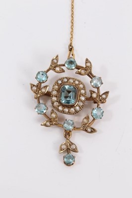 Lot 187 - Edwardian 9ct gold blue stone and seed pearl brooch/pendant and 9ct gold sapphire and seed pearl bar brooch (2)
