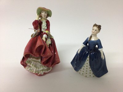 Lot 88 - Rare Royal Doulton figure - Dainty May reg no 793086, together with two other figures - Top o' the Hill HN1937 and Debbie HN2385, four Coalport Minuettes and a rare W H Goss figure of Daisy