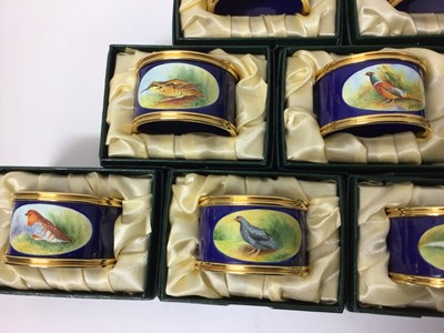 Lot 143 - Collection of ten Graham Payne Studios Worcester hand decorated napkin rings painted with British birds, together with Garrard & Co outer box, packing note and compliment slip