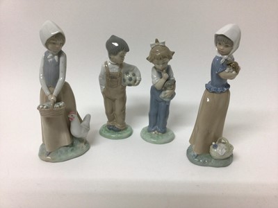 Lot 1367 - Lladro porcelain figure  - girl with lamb, together with six Nao figures another similar figure and Beswick Beatrix Potter figure - Flopsy Mopsy and Cottontail (9)