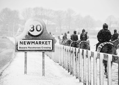 Lot 6 - Jayne Odell black and white photographic print, 'Newmarket in snow', 60cm x 43cm