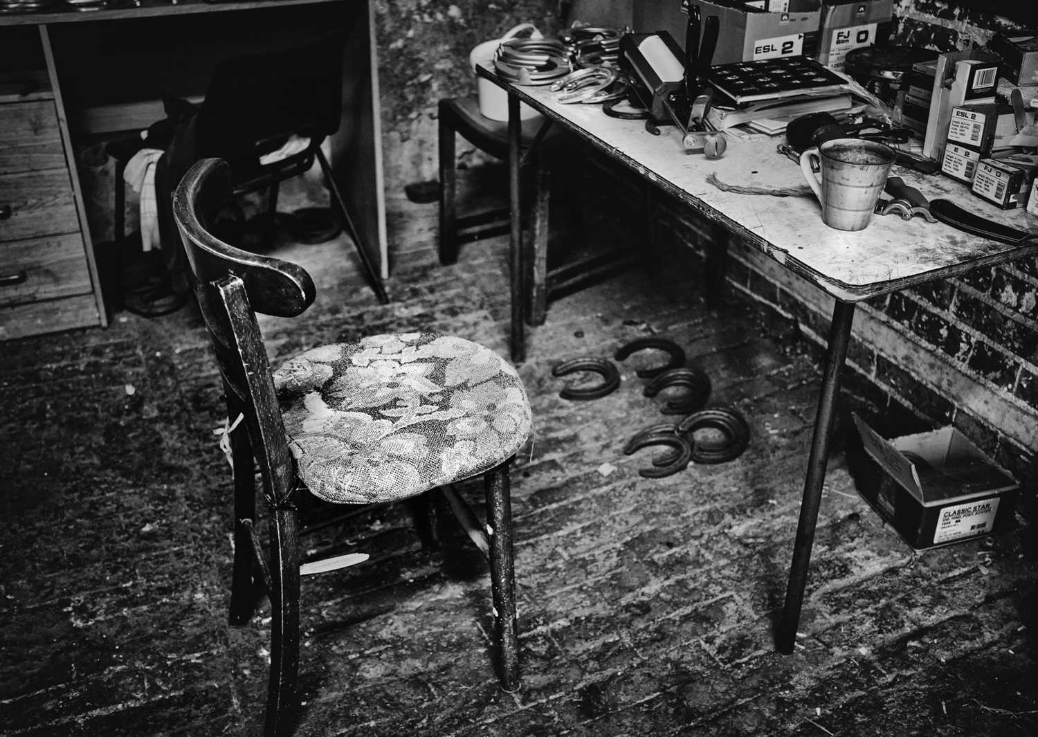 Lot 43 - Jayne Odell black and white photographic print, 'The farrier's office', 100cm x 71cm