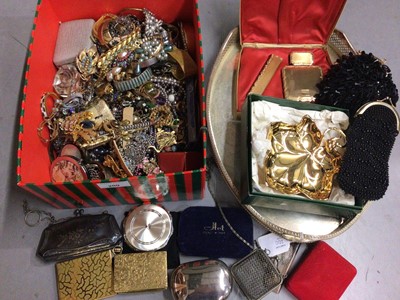 Lot 200 - Quantity of vintage costume jewellery, beaded evening purses, compacts, oval plated tray and other bijouterie