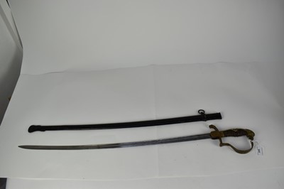 Lot 945 - Imperial German Artillery Officers sabre with brass stirrup hilt, lions head pommel, crossed cannon langet, curved etched blade decorated with military trophies, in black painted steel scabbard